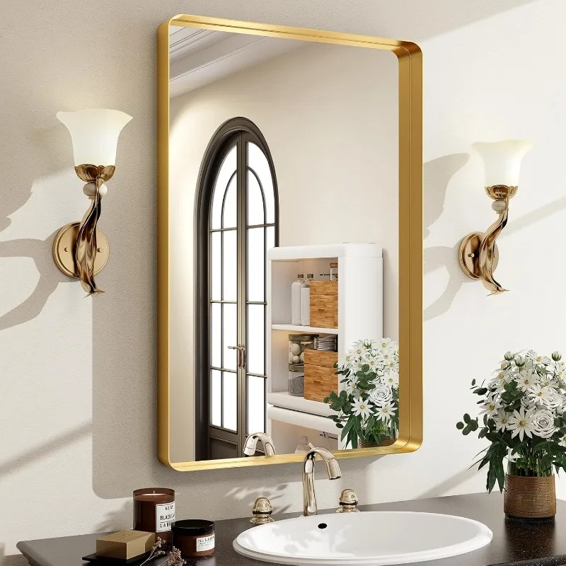 30 x 22 Inch Gold Bathroom Mirror for Wall,Aluminum Alloy Frame Rectangular Wall Mounted Mirror for Farmhouse Decor Horizontal