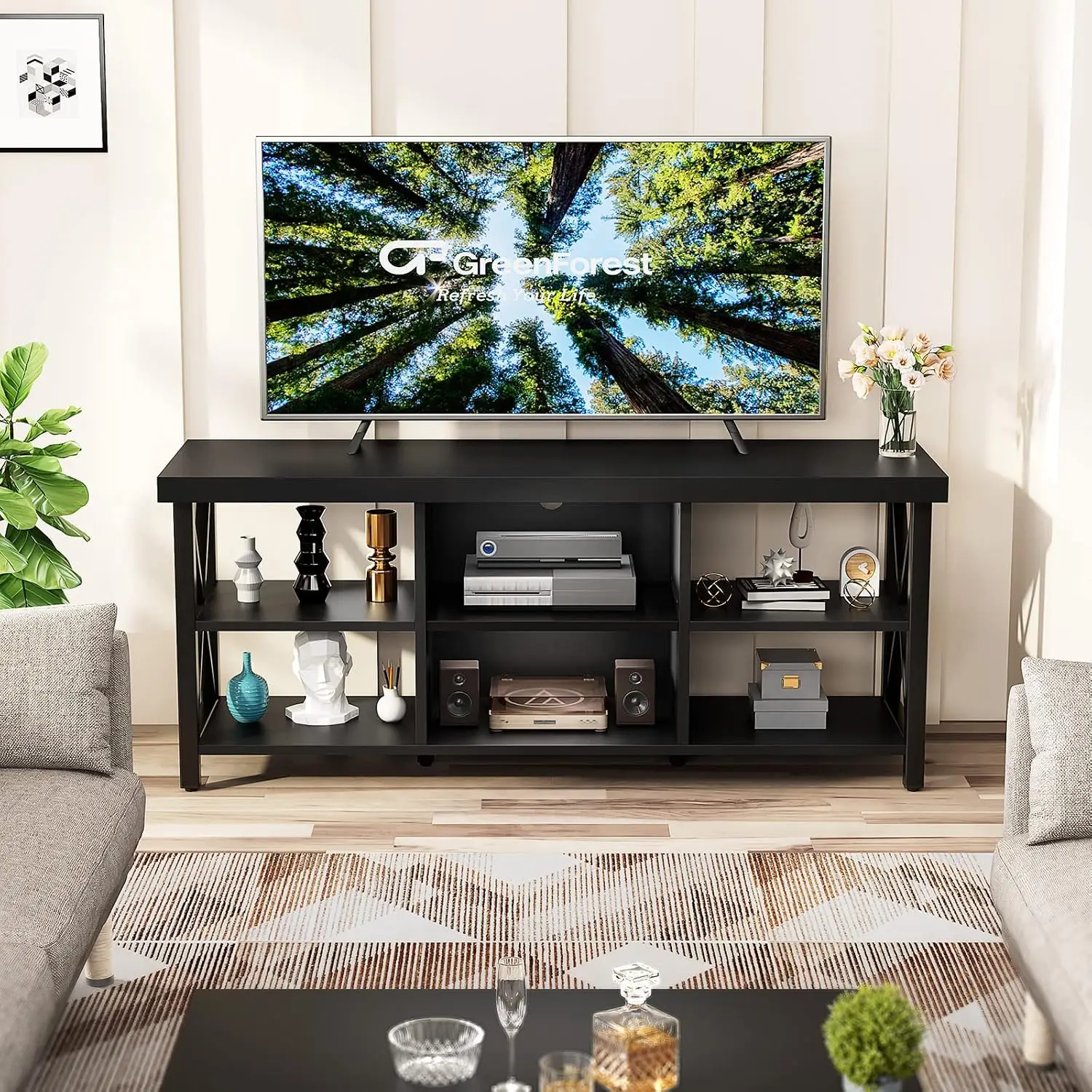 TV Stand Entertainment Center Storage Cabinet, Living Room Media Console Table With Cable Management Cutouts, Industrial Farmhouse Television Holder Furniture, Black
