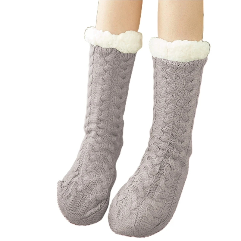 Damen Winter warme dicke Strick-Plüsch gefütterte Slipper-Socken, flauschige Schlafstrümpfe