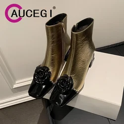 Aucegi New Trend Cow Genuine Leather Chunky High Heels Ankle Boots Classics Square Toe Zipper Concise Dating Versatile Shoes