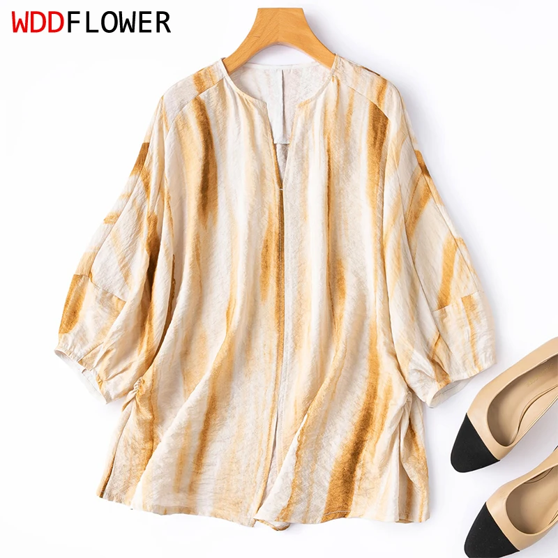 

78% Mulberry Silk 22% Spandex Dry Silk Beige Gradient Printed Half Sleeve Women Casual Shirt Top Pullover T-shirt Summer M1634