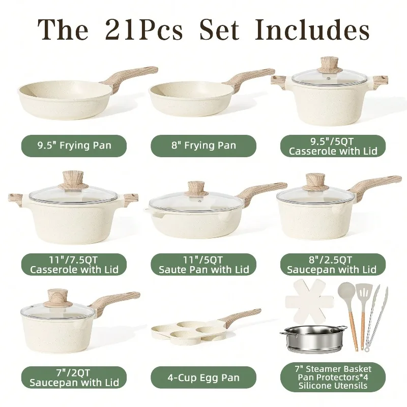 21 Pieces Pots And Pans Set, Nonstick Kitchen Cookware Sets, Granite Pots And Pans, Cooking Pans Pots Set