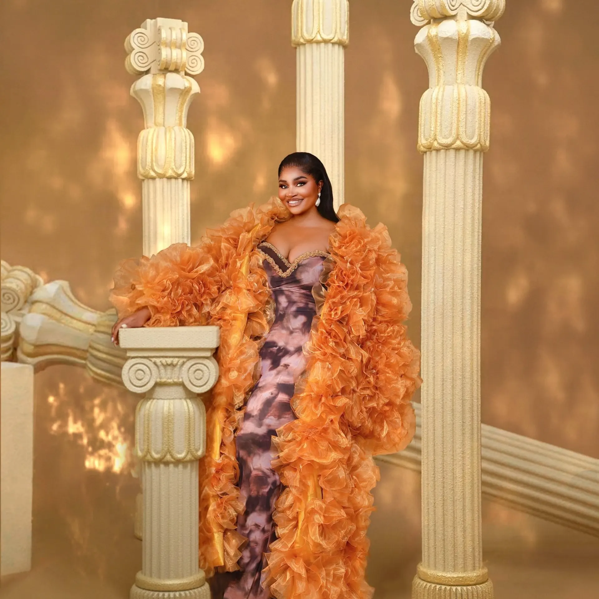 

Luminous Orange Tulle Overdress 2026 Trend 3D Ruffled Mesh Outer Coat Halloween Cosplay Stage Performance Light Fluffy Sleeves