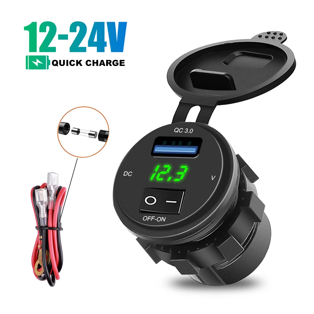 Motorcycle LED 3.0 USB Car Charger With ON-OFF Switch Socket Digital Display Voltmeter USB Charger Socket For Car accessories