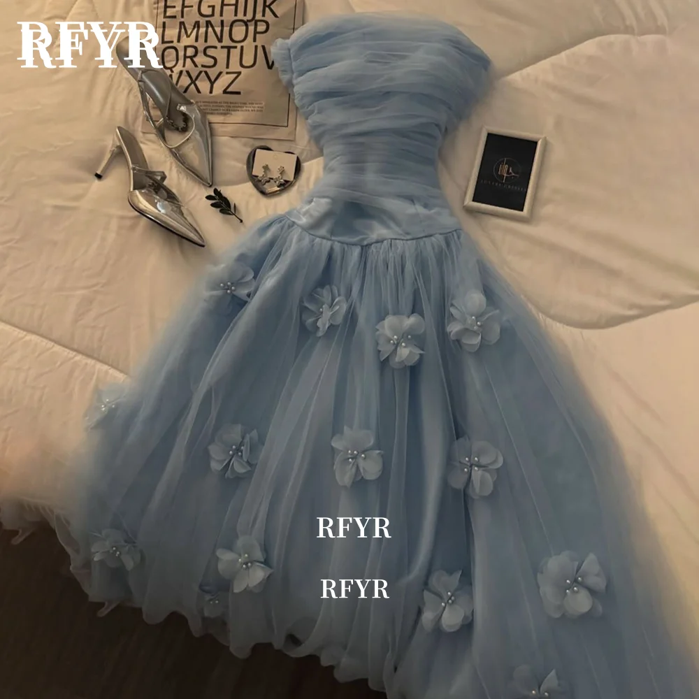 

RFYR A Line Princess Dress 3D Flowers Blue Prom Dress Strapless Party Gown Elegant A Line Gowns فساتين مناسبة رس