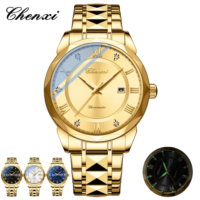 

Мужские часы в подарочной упаковке CHENXI 682, роскошные золотые мужские часы со светящимся календарем, водонепроницаемые кварцевые наручные часы из нержавеющей стали Reloj