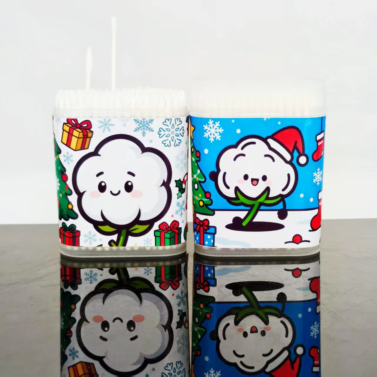 400 Stück/600 Stück Weihnachts-Design-Wattestäbchen, weißes Weihnachtsthema-Muster, feinachsiges Wattestäbchen