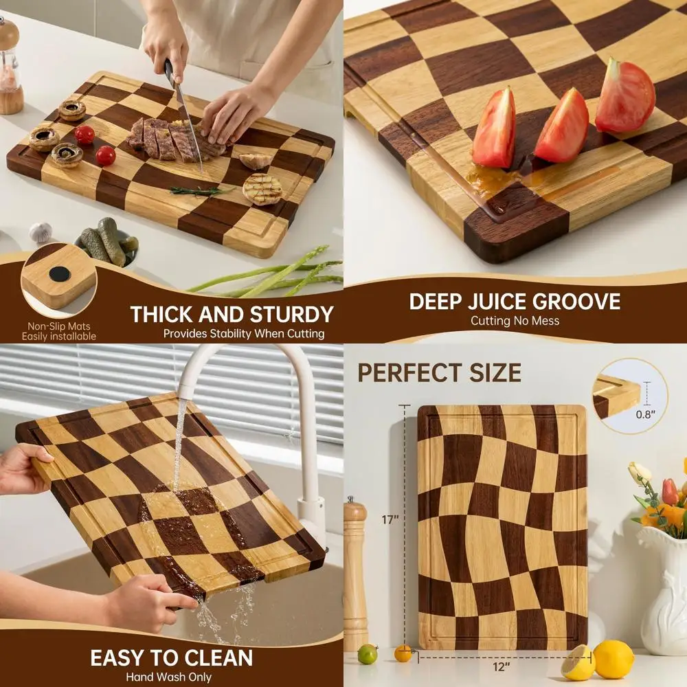 

Curved Checkered Wood Cutting Board with Juice Groove & Handles, 16.5 x 11.6 x 0.8, Butcher Block Serving Tray, Gift Box Include