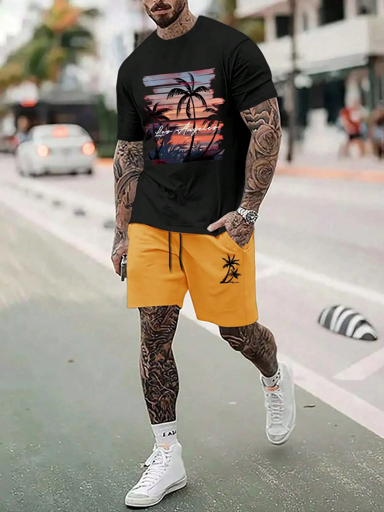 Summer Casual  Men's Printed Drop Shoulder Short Sleeve T-Shirt and Drawstring Waist Shorts Set