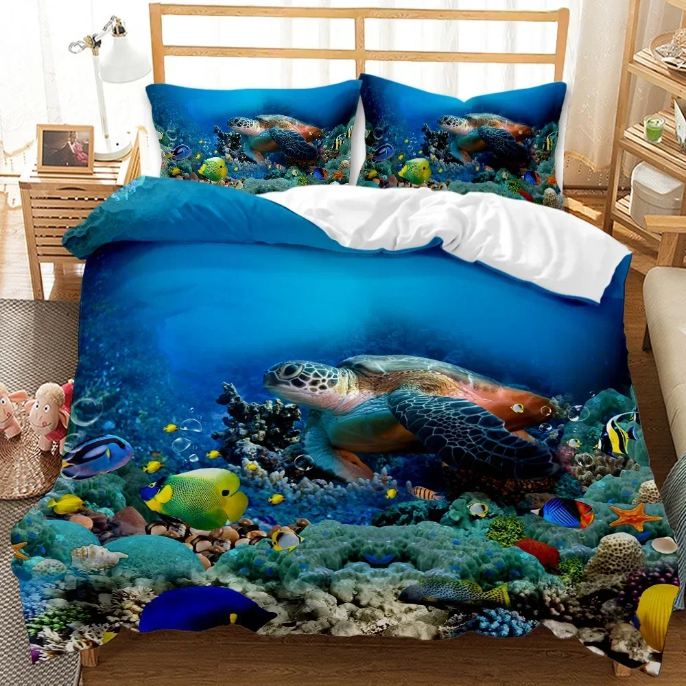 

Shark Tropical Marine Life Ocean Fish Sea Turtle Rainbow Coral Comfortable Duvet Quilt Cover Pillowcase Bedding Set Bedroom