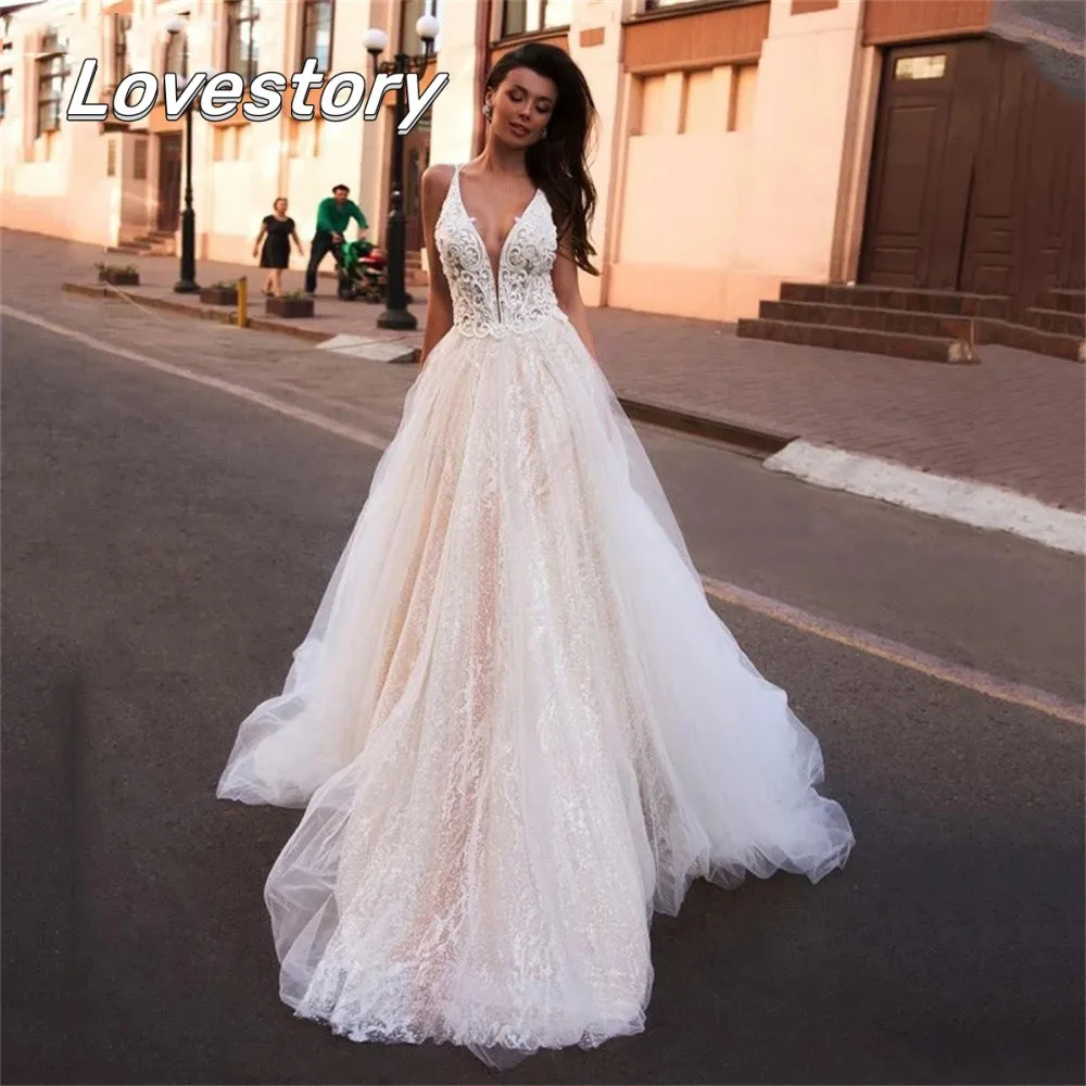 

New A Line Wedding Dresses Glitter Boho Bride Robe V Neck Bridal Gowns Sexy Sleeveless Criss-Cross Custom Made Vestidos De Noiva