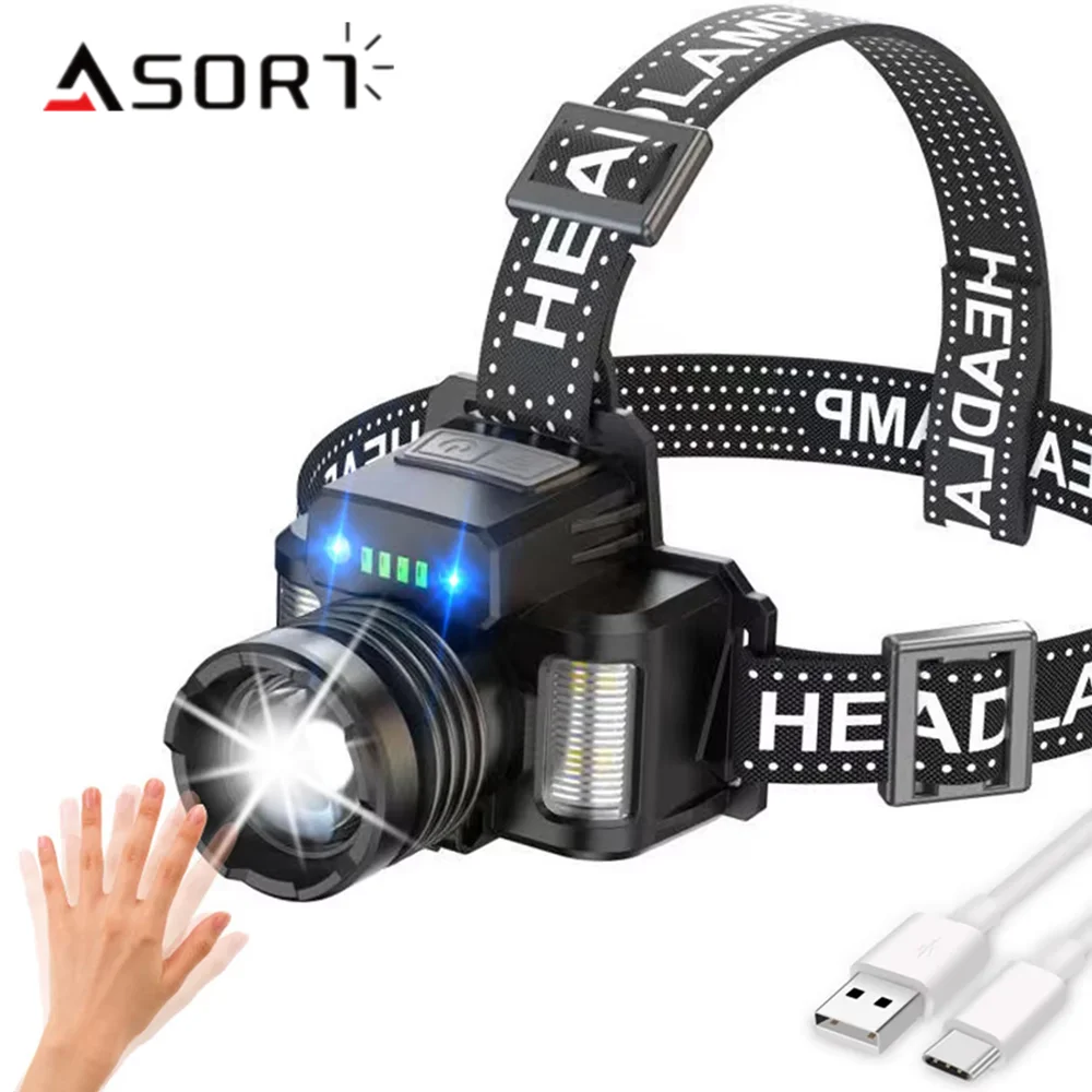 Smart Induction White Laser LED Headlight Zoom USB Charging Sensor LED Headlamp Outdoor Multi-Function Head Torch Lantern Lamp