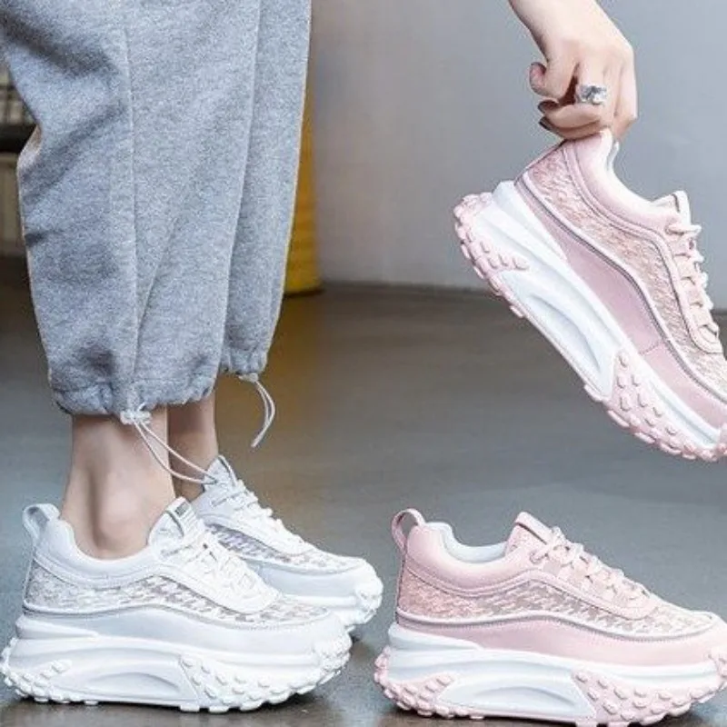 Casual Women HollowLaceMeshPlatformSneakersTreadChunkySole Lace‑Up Height‑Increasing Non‑Slip Daily Walking Dad Shoes White Pink view 5