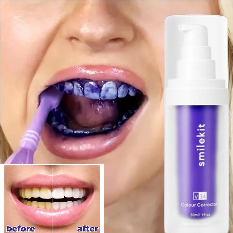 Creme dental branqueador roxo, remover manchas, reduzir amarelecimento, cuidar das gomas dentárias, clareamento da respiração fresca, V34, 2023, 30ml