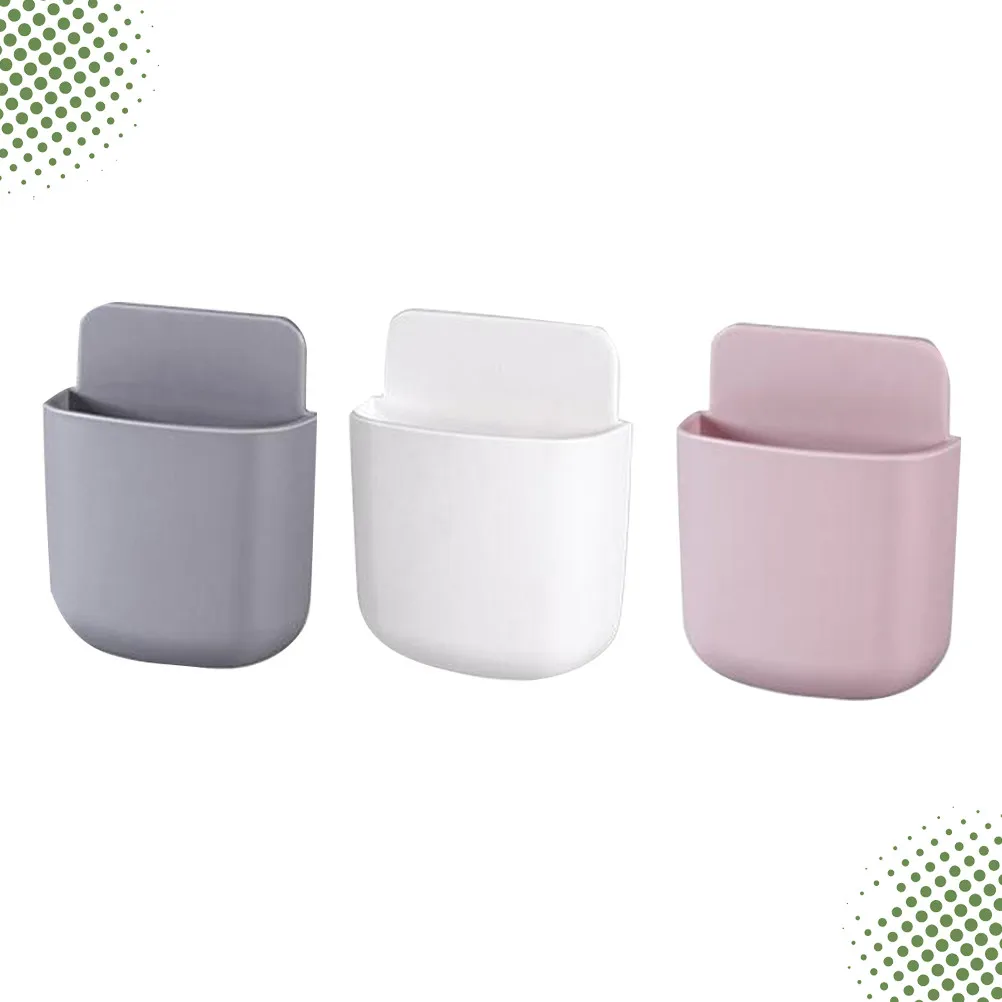 3Pcs Remote Control Storage Boxes Multifunctional Wall Mounted Cell Phone Charging Rack Hanging Organizer White Pink Gray