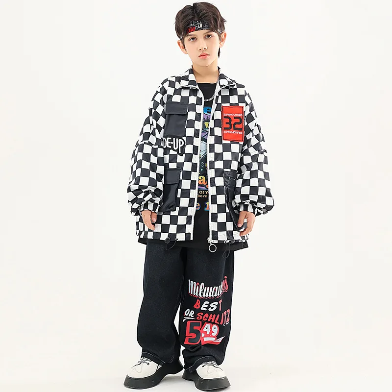 Teen Kids Street Dance Costume Hip Hop Plaid Jacket Loose Jeans Girls Jazz Checked Coat Baggy Pants Clothes Children Streetwear