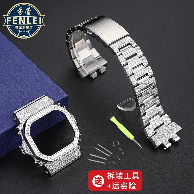 B5000 For CASIO G-SHOCK Small Silver Block GMW-B5000 Stainless Steel Diamond Case Watch Straprrior modified bracelet watchband