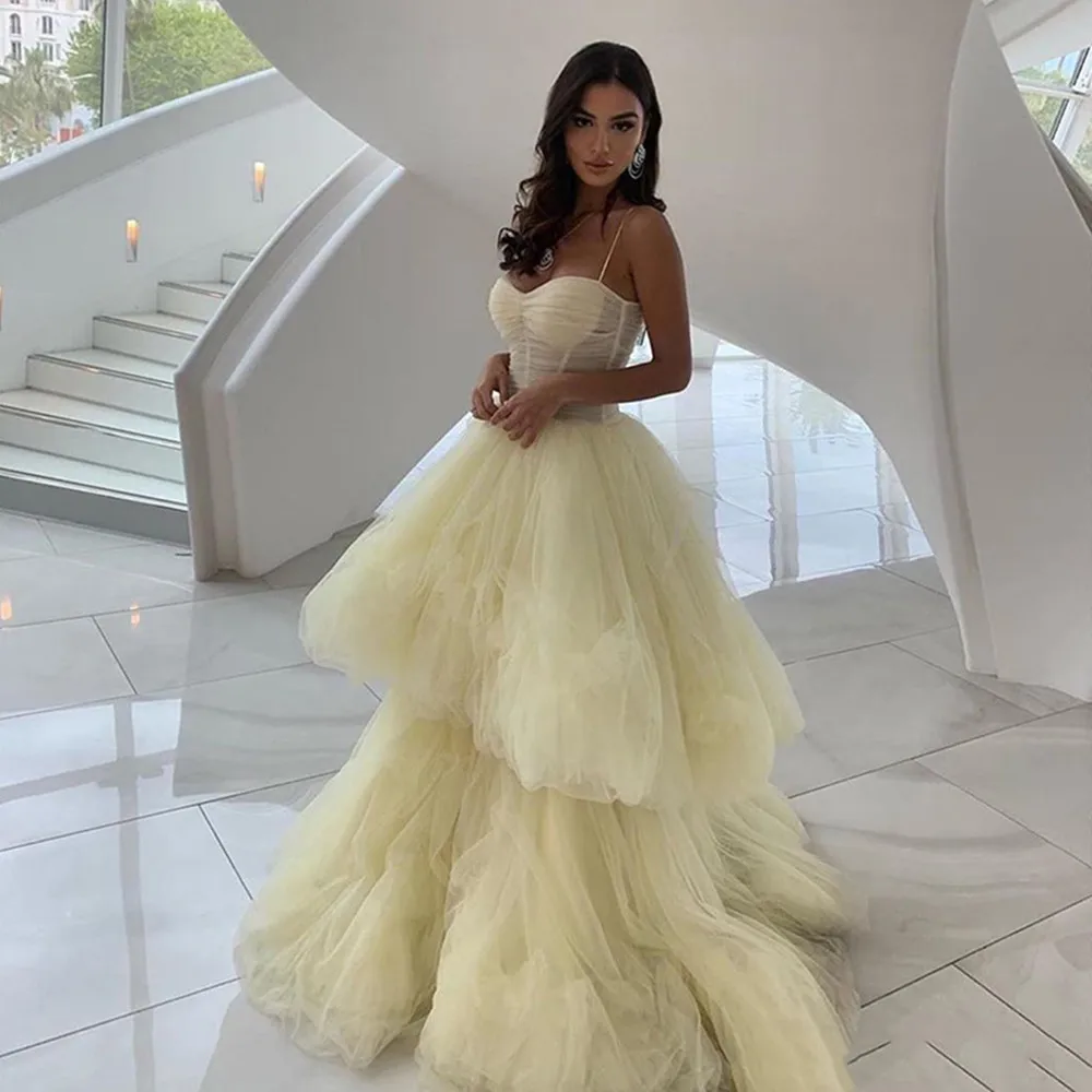 Yellow Spaghetti Straps Prom Party Gowns Elegant Ruffles Tulle Evening Women Dresses 2024 Zipper Backless Cocktail Dresses