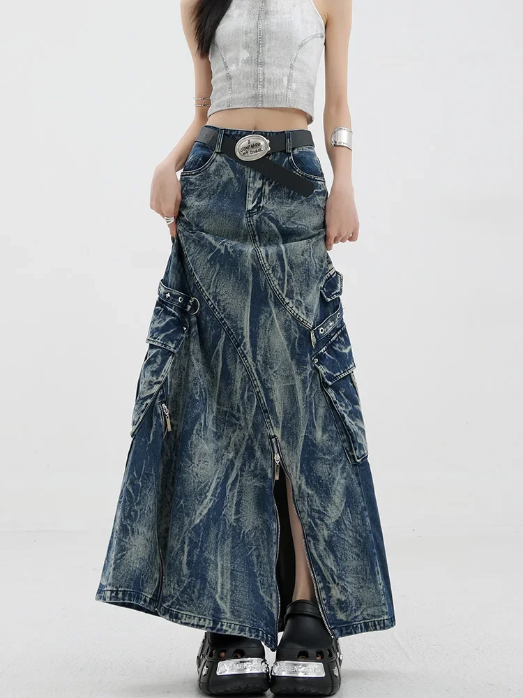 Heavy industry washed tie-dye skirt women's new loose big pocket zipper decorative hip skirt