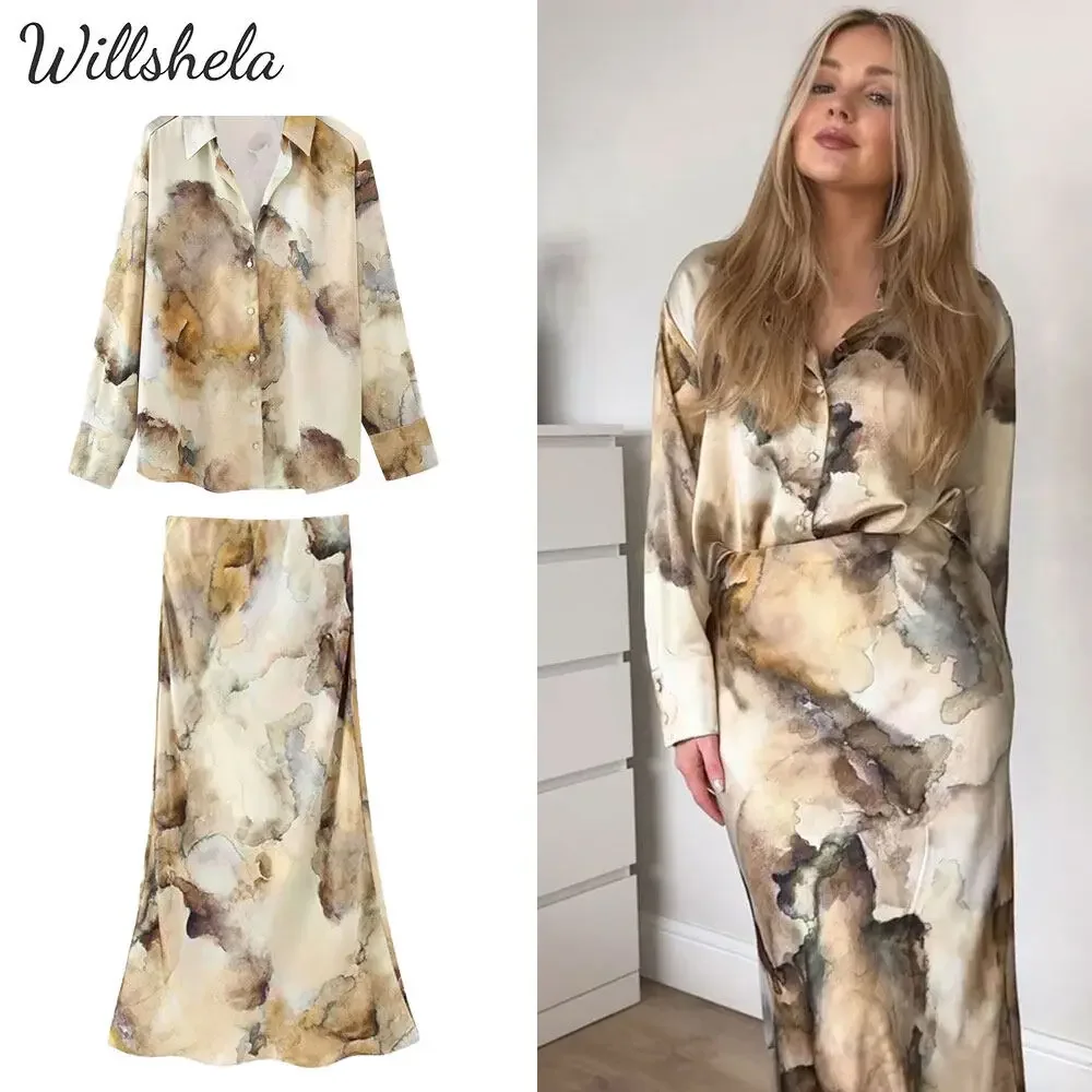 Willshela Women Fashion 2024  2 Pieces Sets Tie Dye Satin Shirt Midi Skirt Female Chic Lady Casual Blouse and Skirt Coordinates