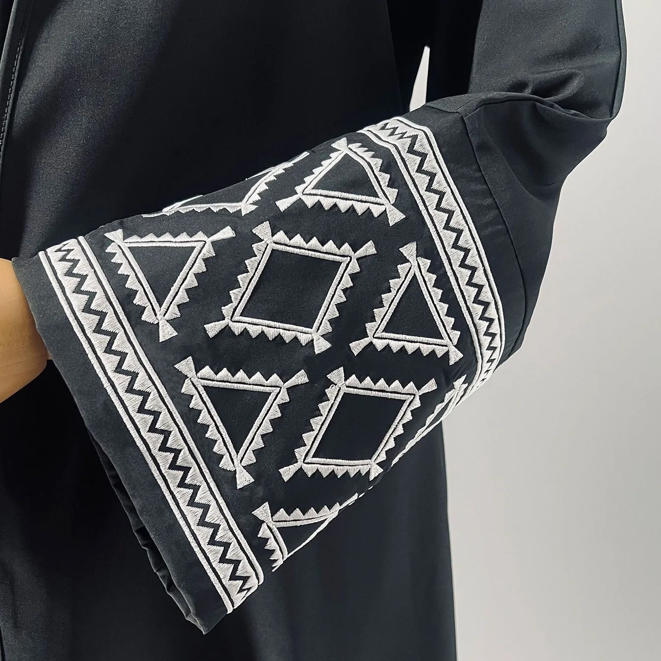 Women's Elegant Embroidered Open Front Maxi Dress with Geometric Pattern V Neck Loose Fit Straight Cut Abaya Muslim Woman