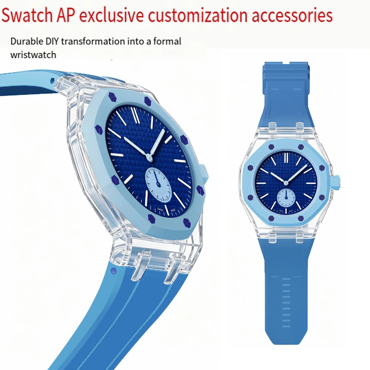 

For AP Swatch Co branded Modified Transparent Case+Colored Silicone Strap For Royal Pop Swatch Bezel Band Replacement Accessorie