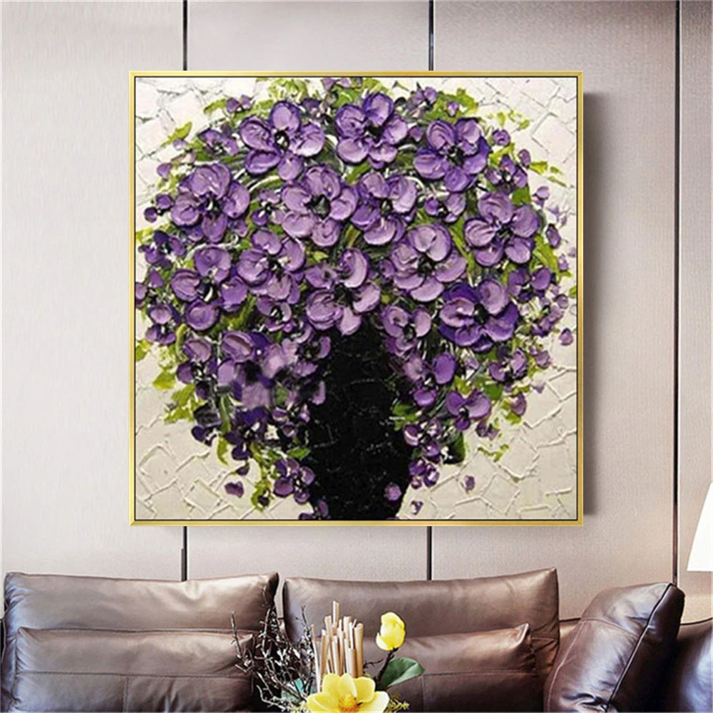 

New Design Hand Painted Modern Knife Oil Painting On Canvas Thicknes Purple Flowers Wall Art Picture For Home Hotel Decor Mural