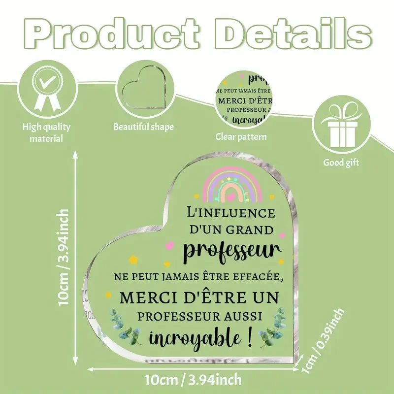 1pc Heart-Shaped Acrylic Desktop Decoration Merci Professeur Acrylic Heart Sign, French Quote Teacher Appreciation Desktop Ornament