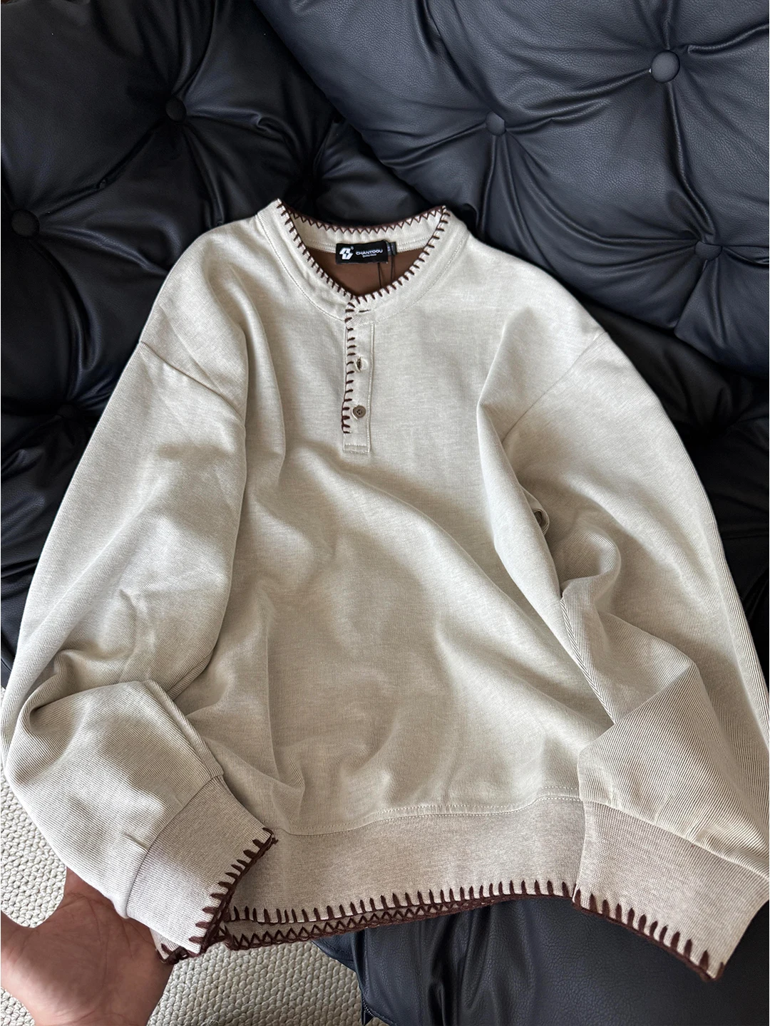 

Men's Long Sve Hoodie Henry Collar Hand Sewn Vintage American Lazy Knitted irt Top Autumn Old Money Sle Loose Fit