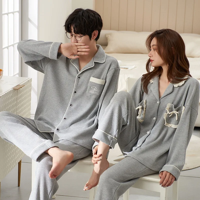 Bawełniana bielizna nocna dla par koreański sweter męski Pijamas zestaw piżam damskich długie topy do spania spodnie bielizna nocna Pjs pareja hombre