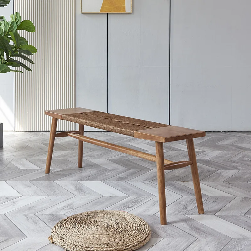 Nordic Modern Simple Bed End Stool Solid Wood Shoe Changing Ottoman for Home Bedroom Dining Table Bench Wool Rope Design for