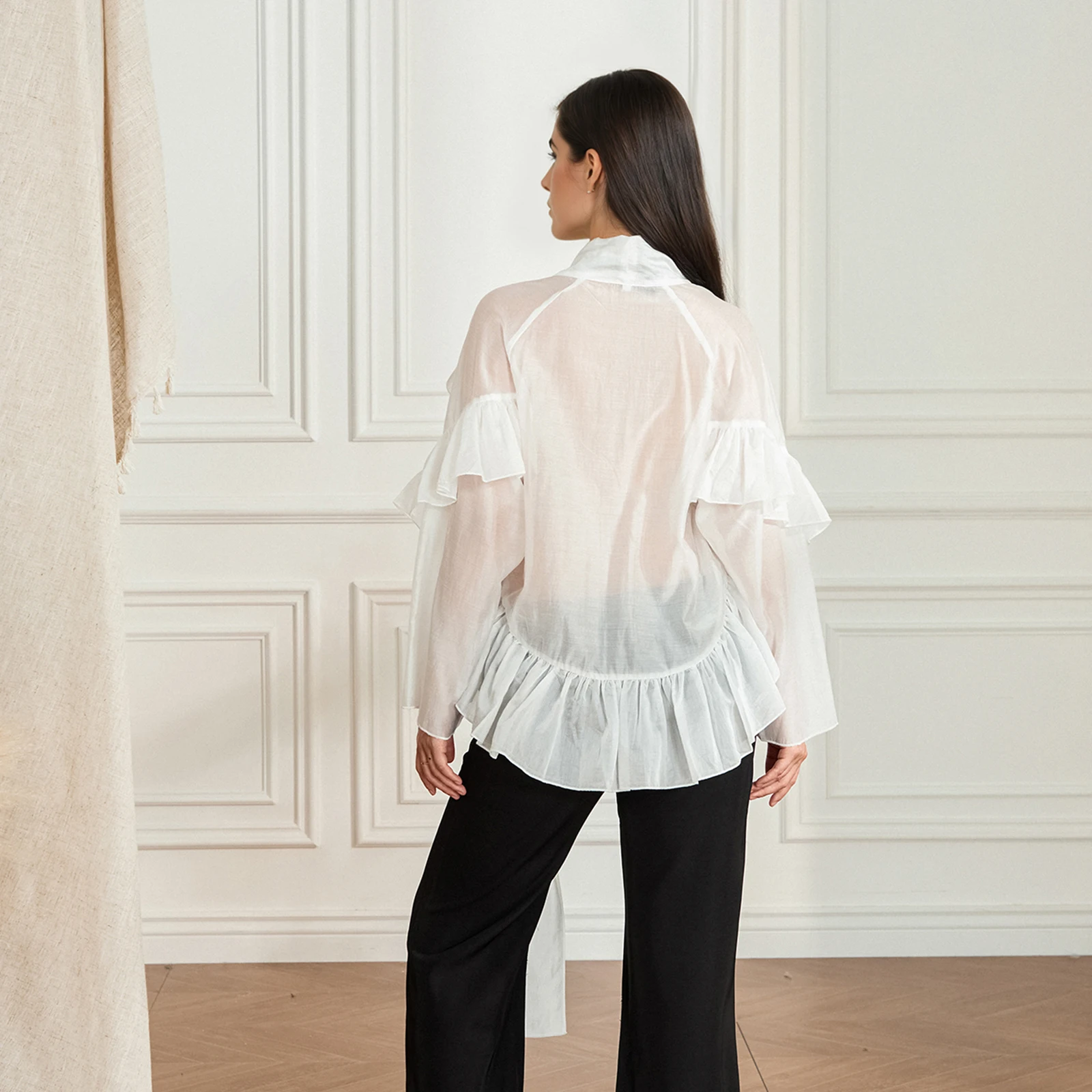 Camicie da donna primavera estate trasparenti con scollo a V e volant Camicie larghe alla moda a maniche lunghe tinta unita Camicette trasparenti