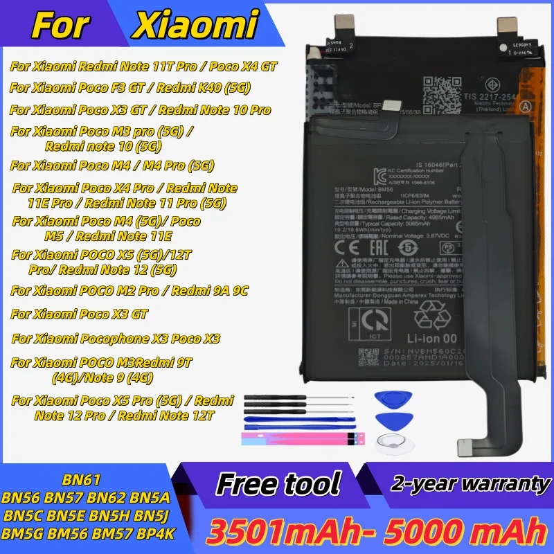 Battery For Xiaomi Poco X3 X5  M2 M3 M4 M5 Pro C51 GT NFC Redmi K40 9T 9A 9C  Pro Redmi Note 9 10 11 11T 11E Pro Phone