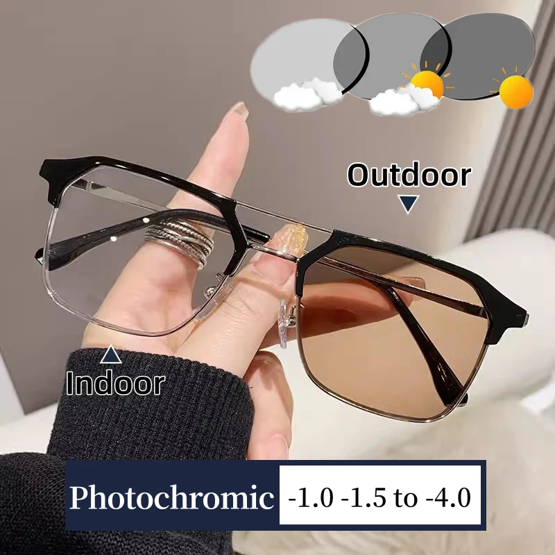 

Trendy Fashion Photochromic Myopia Glasses Men Metal Frame Far-sighted Eyewear Outdoor UV Protection Sunglasses with Diopter