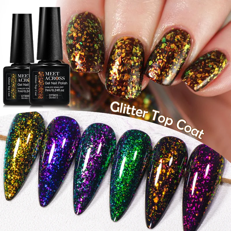 MEET ACROSS 2 NI 1 Glitter No Wipe Top Coat For Nail Art Retro Green Nails 7ml Soak Off UV Gel Nail Polish Need Black Base Gel