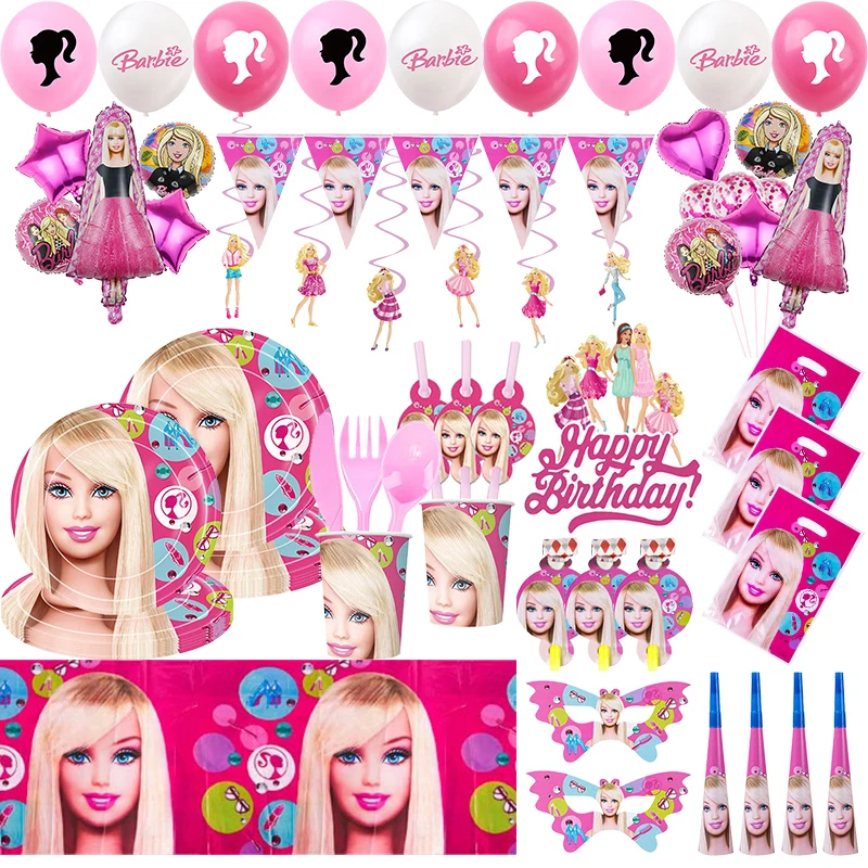 Disney Barbie Birthday Decorations Tableware Set Cup Plate Balloons Backdrop Banner Baby Shower Kids Girls Party Event Supplies