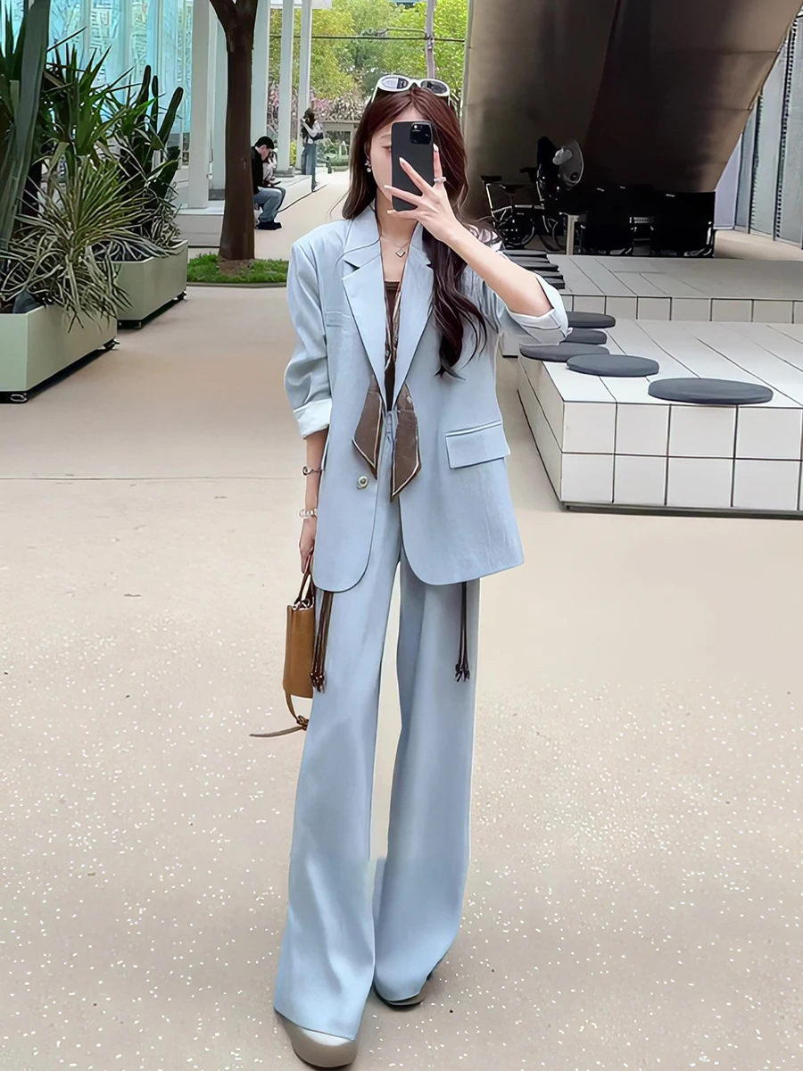 

Blue Professional Women's Suit Set Loose Fit Long Pants Two Piece Suit Spring 2026 New Style Fashionable Workwear