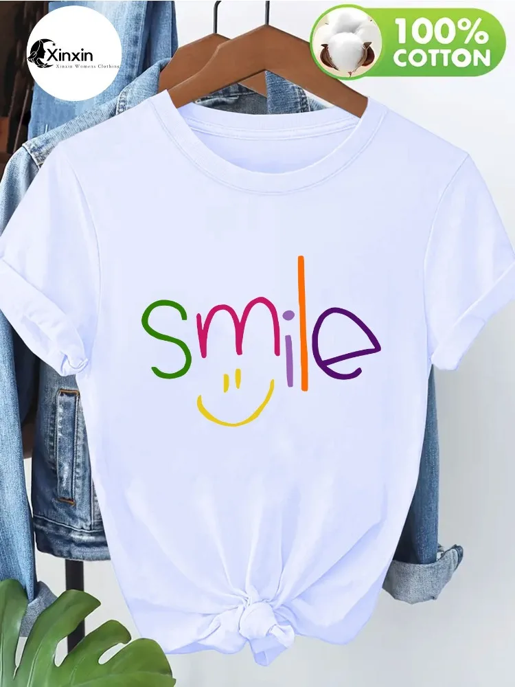 Women's 100% Cotton Round Neck T-shirt Comfortable To Wear Featuring A Vibrant Modern-style Smiling Lettering Print Shirt Top