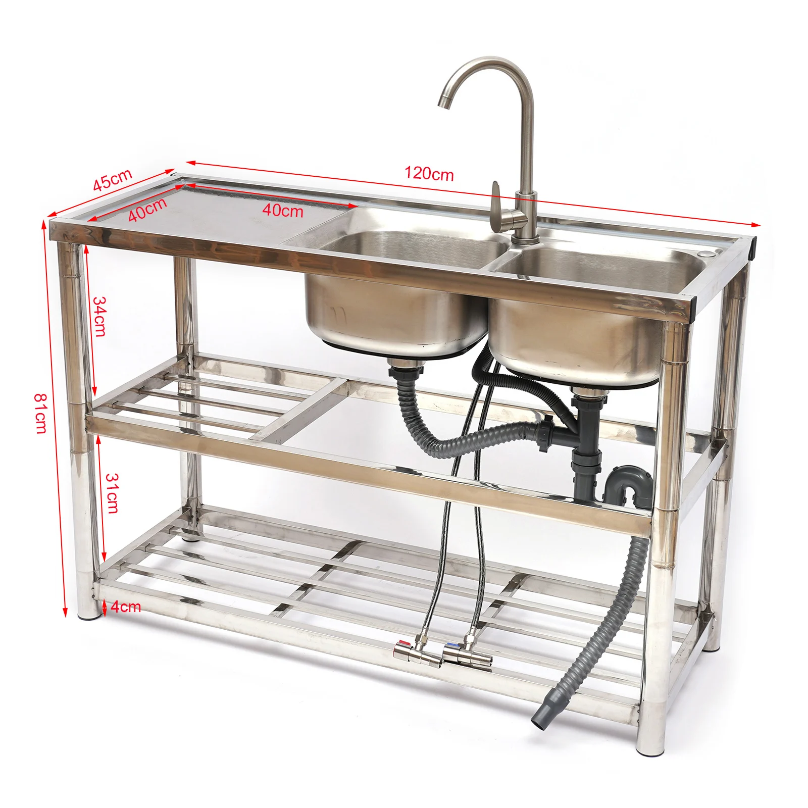 2 Compartimento Aço Inoxidável Comercial Kitchen Sink Restaurant Utility Sink Dish Lavagem Desinfecção Piscina com Standing Rack