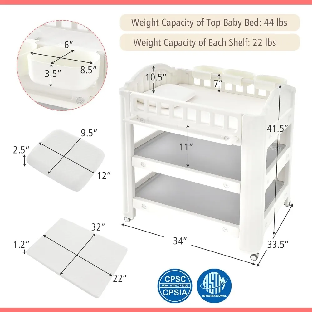 Costzon-Table d'appoint pour bébé, station de remplacement pour couche-culotte pour bébé avec matelas et oreiller en latex, étagères et boîtes de rangement, mobile