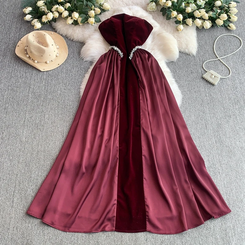 High End Women Engagement Satin Patchwork Velvet Strapless Dress Heavy Industry Nail Bead Waist Cinching Large Swing Dress