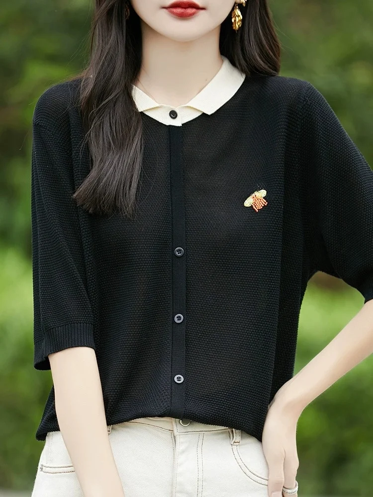 Ele geborduurd zwaar werk Ne gebreide ort Sve dunne zomerbovenkleding zijden f Sve top voor dames