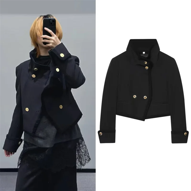 

Women's Jacket 2025 Winter New Style Black Long-Sleeve Button-Decorated Short Jacket Fashionable and Stylish