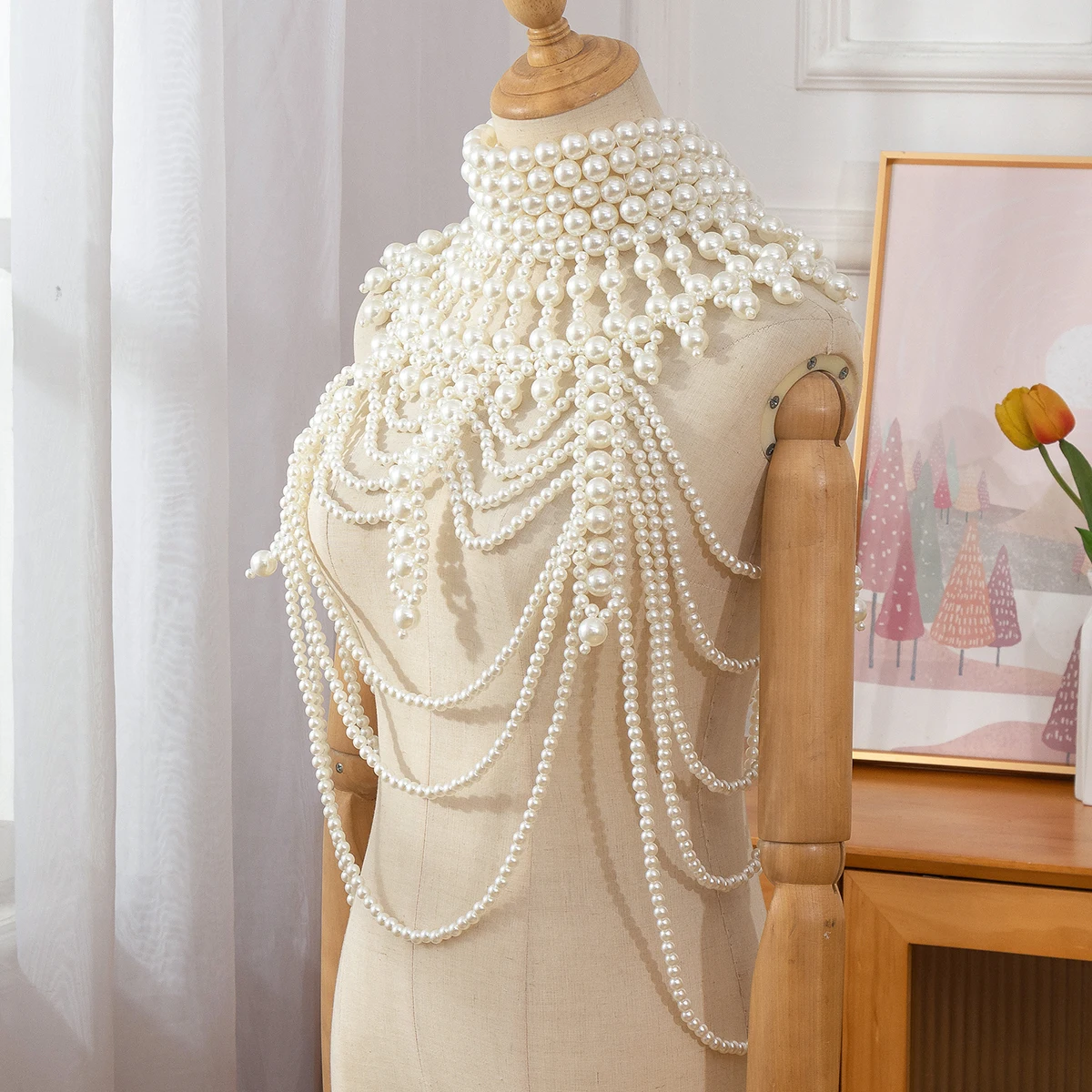 HP Pearl Necklace Handmade Beaded Luxury Dress Accessories Retro Party Body Chain Choker Women Jewelry image 3