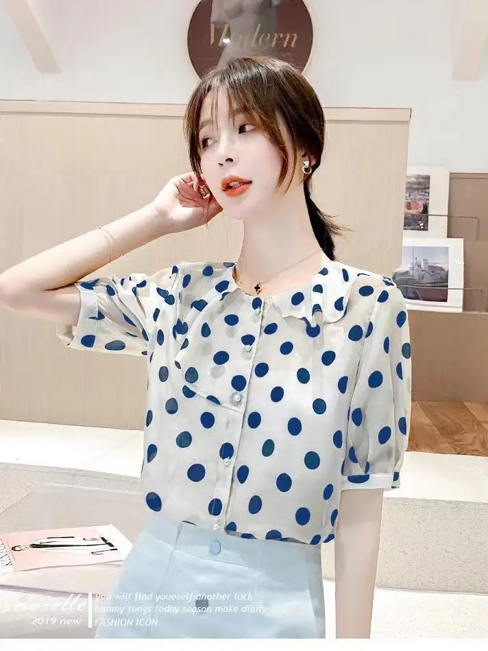 New Summer Fashion Trendy Lotus Leaf Collar Shirt Polka Dot Short-sleeved Chiffon Shirt Women's Loose and Mature Top