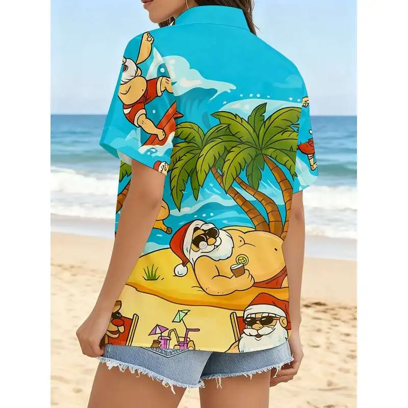 Women'S Casual Short Sleeve Shirt Santa Claus Group Tropical Beach Pattern Button-Up Top Machine Washable Fashion Summer Shirt