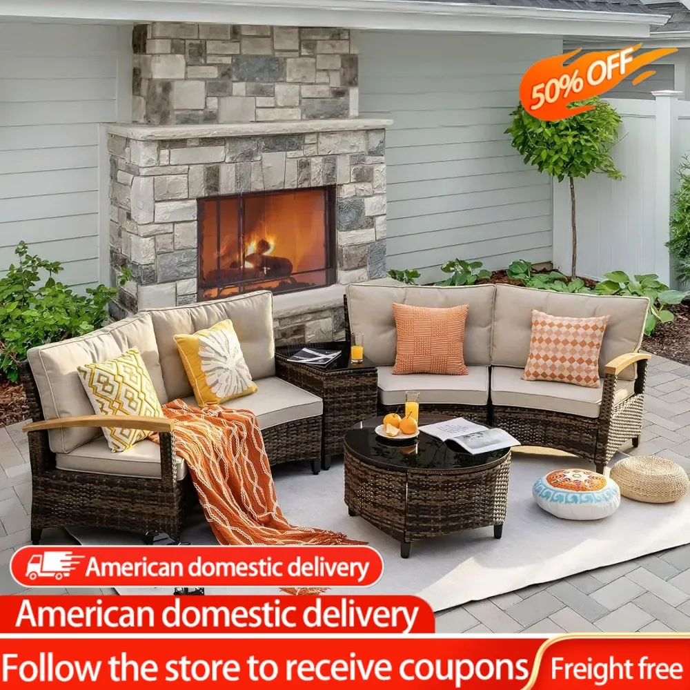 

6 Piece Outdoor Patio Furniture Set, Half-Moon Curved Sectional Sofa Rattan Patio Conversation Set with Wood Armrests,