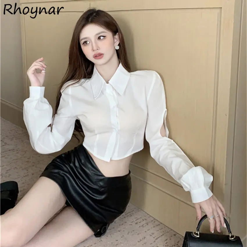 

Shirts Women Crop Spring Hollow Out Design Chic Young Office Lady Sexy Leisure Hotsweet Long Sleeve Lapel Korean Style Trendy