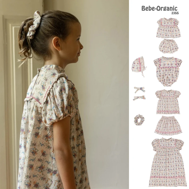 summer New kid clothes Ramie cotton short-sleeved shirt shorts Flower set Plaid suit Boys girls sets Lace Lace Doll dress