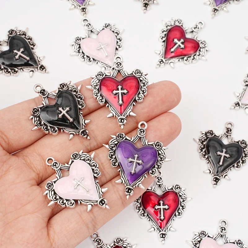 5Pcs Gothic Multi-Color Imitation Enamel Rose Thorn Heart-Shaped Cross Pendant Necklace Bracelet Earrings Jewelry Making Accesso